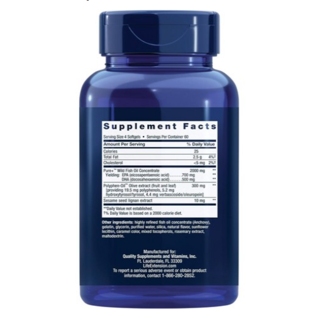 LIFE EXTENSION超級Omega-3魚油EPA軟膠囊DHA橄欖果羥基酪醇和橄欖苦苷石榴籽60粒120粒240粒-細節圖9