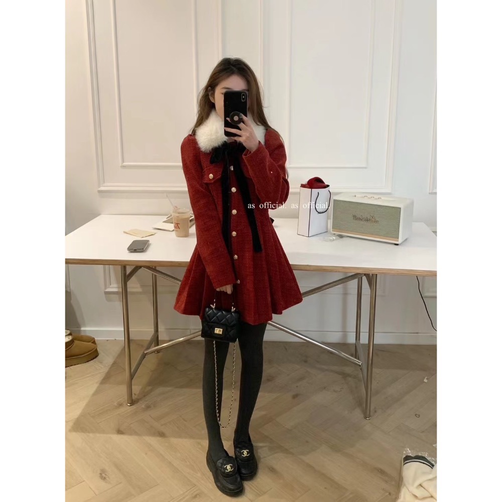 小香金釦洋裝-毛領可拆-細節圖3