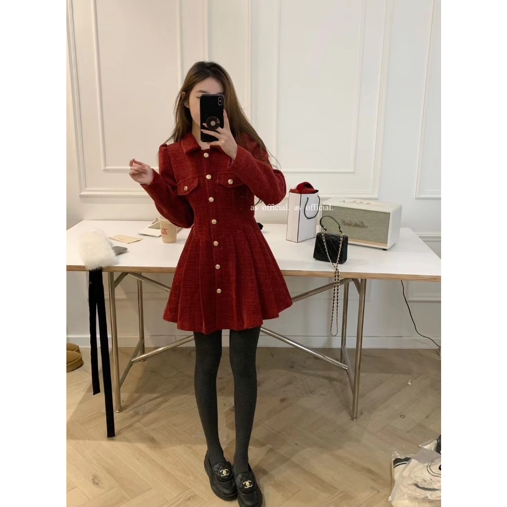 小香金釦洋裝-毛領可拆-細節圖4