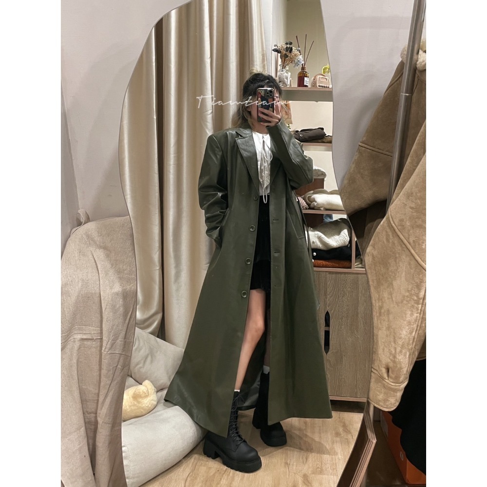 落葉綠質感皮大衣-細節圖2