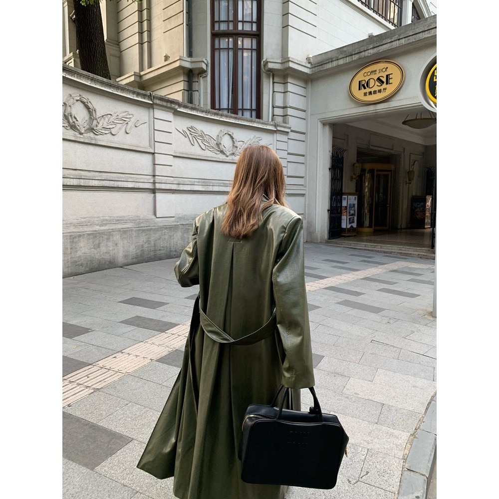 落葉綠質感皮大衣-細節圖5