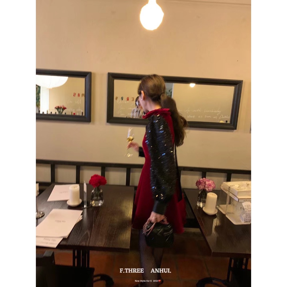 蝴蝶結絲絨洋裝-細節圖2