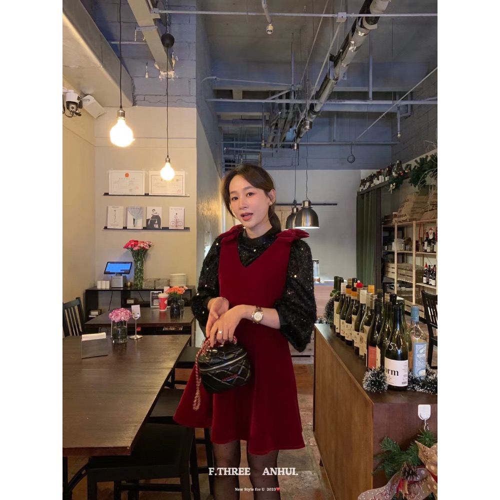 蝴蝶結絲絨洋裝-細節圖3