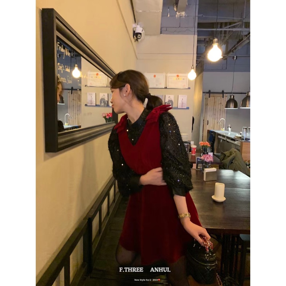 蝴蝶結絲絨洋裝-細節圖5