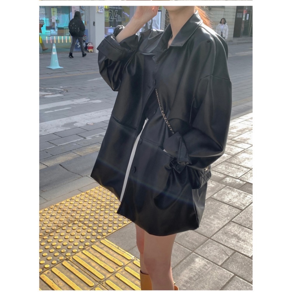 Beneddy韓國🇰🇷自帶女王氣場 翻領皮衣外套-細節圖4