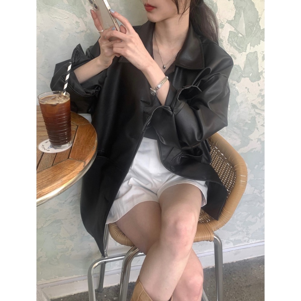 Beneddy韓國🇰🇷自帶女王氣場 翻領皮衣外套-細節圖11