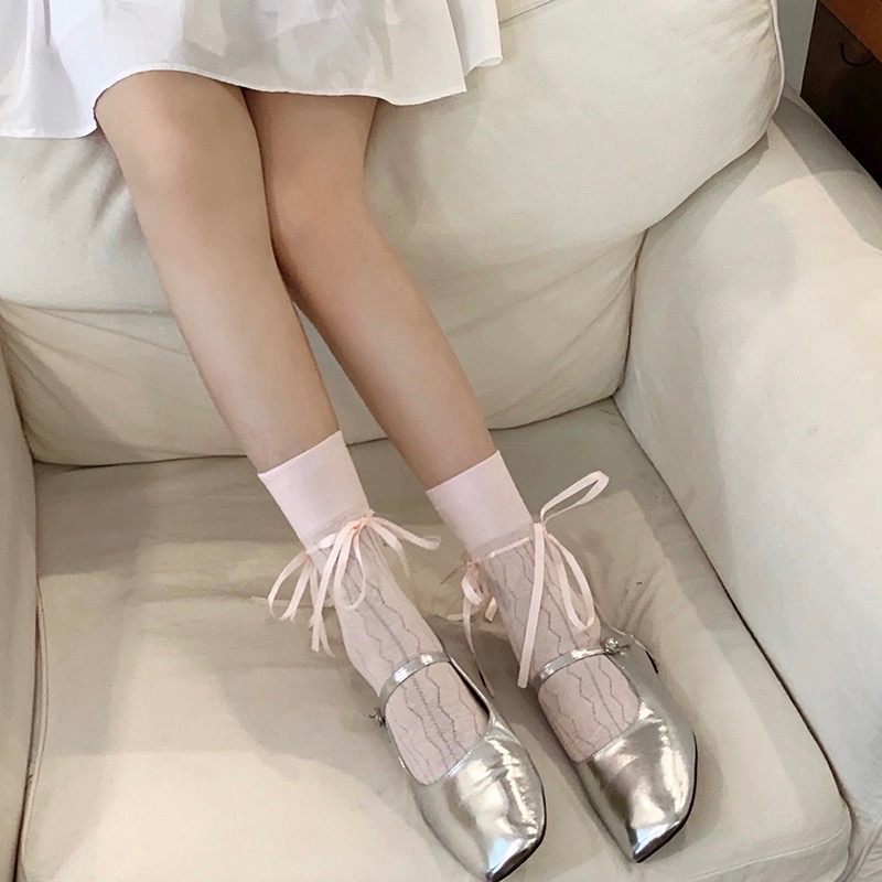 韓妞網眼薄透甜美蝴蝶結中長襪-細節圖3