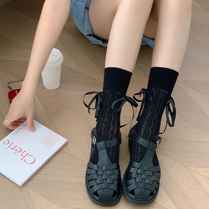 韓妞網眼薄透甜美蝴蝶結中長襪-細節圖5