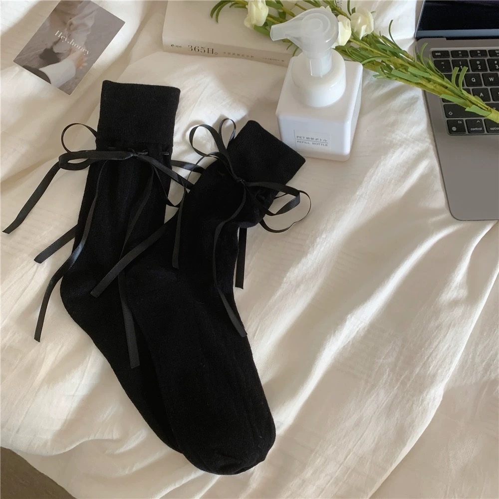 韓妞網眼薄透甜美蝴蝶結中長襪-細節圖6