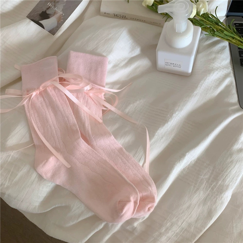 韓妞網眼薄透甜美蝴蝶結中長襪-細節圖7