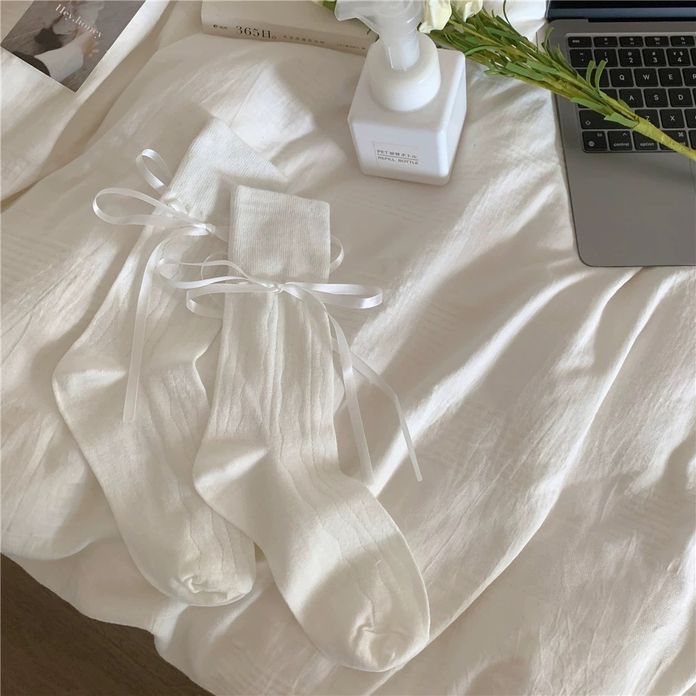 韓妞網眼薄透甜美蝴蝶結中長襪-細節圖8