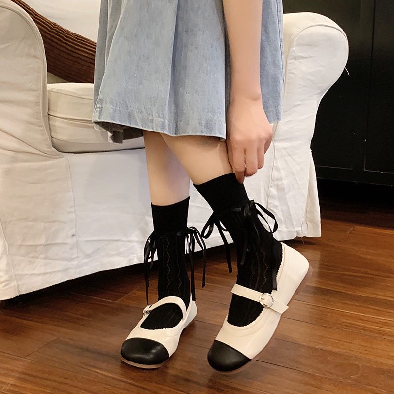 韓妞網眼薄透甜美蝴蝶結中長襪-細節圖11