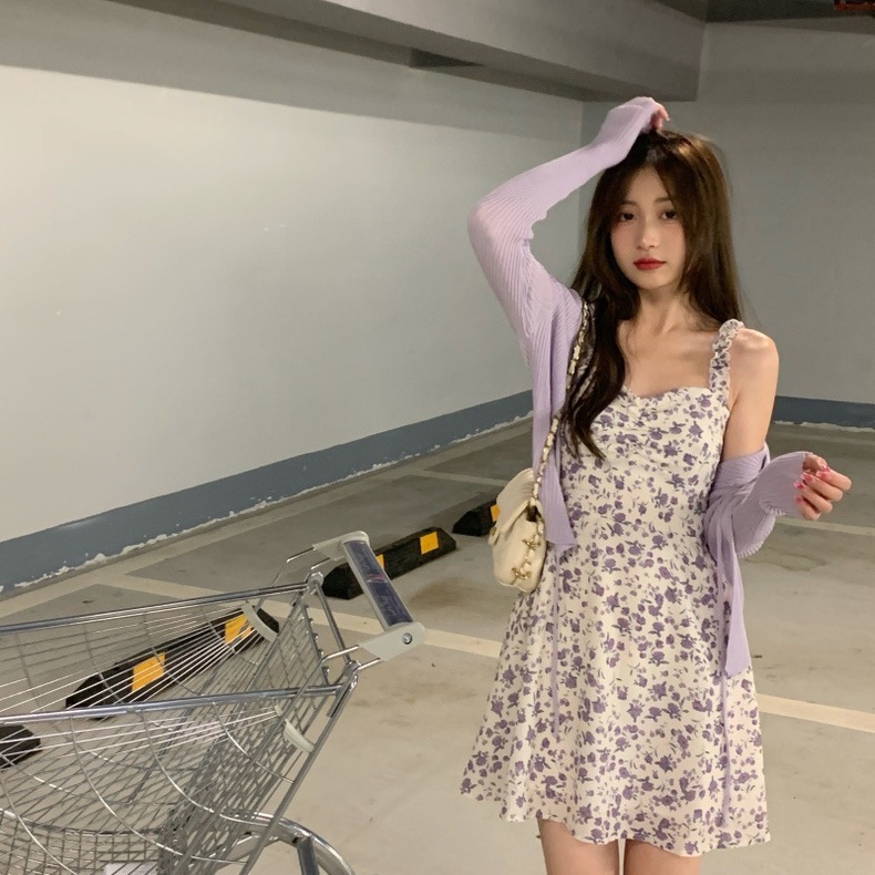 #初戀的感覺浪漫的紫色甜美小碎花洋裝＋開衫小外套-細節圖2