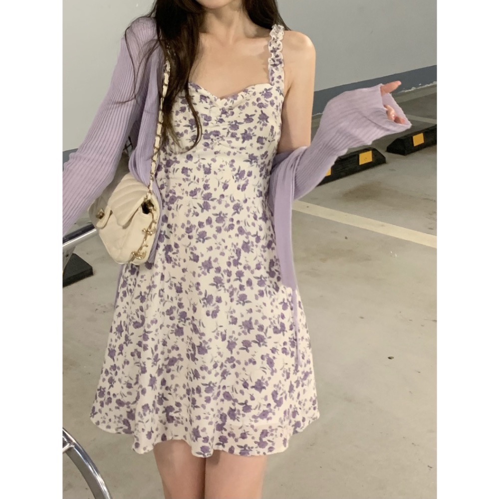 #初戀的感覺浪漫的紫色甜美小碎花洋裝＋開衫小外套-細節圖3