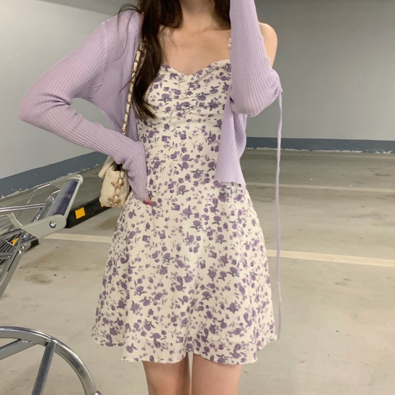 #初戀的感覺浪漫的紫色甜美小碎花洋裝＋開衫小外套-細節圖4