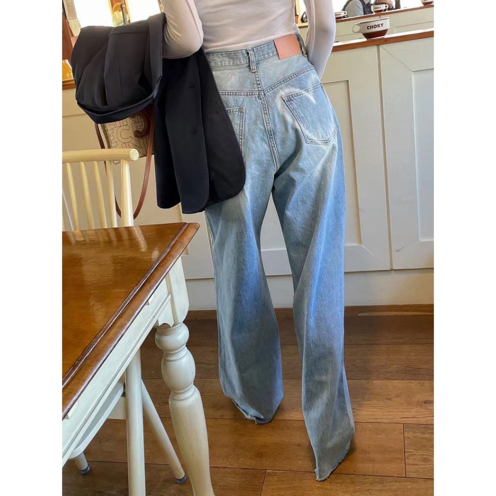 韓國復古高腰顯瘦愛心印花做舊設計水洗牛仔褲-細節圖6