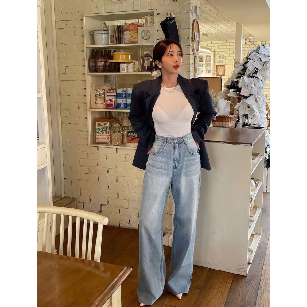 韓國復古高腰顯瘦愛心印花做舊設計水洗牛仔褲-細節圖7