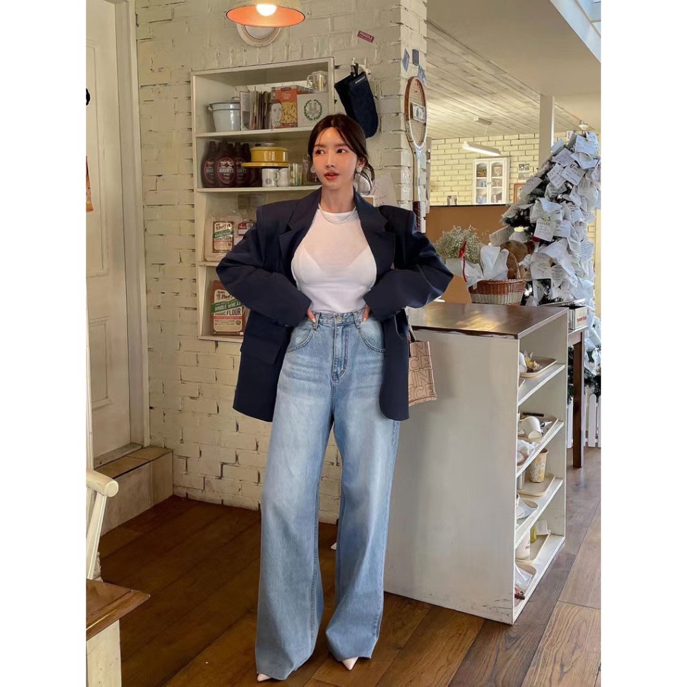 韓國復古高腰顯瘦愛心印花做舊設計水洗牛仔褲-細節圖8