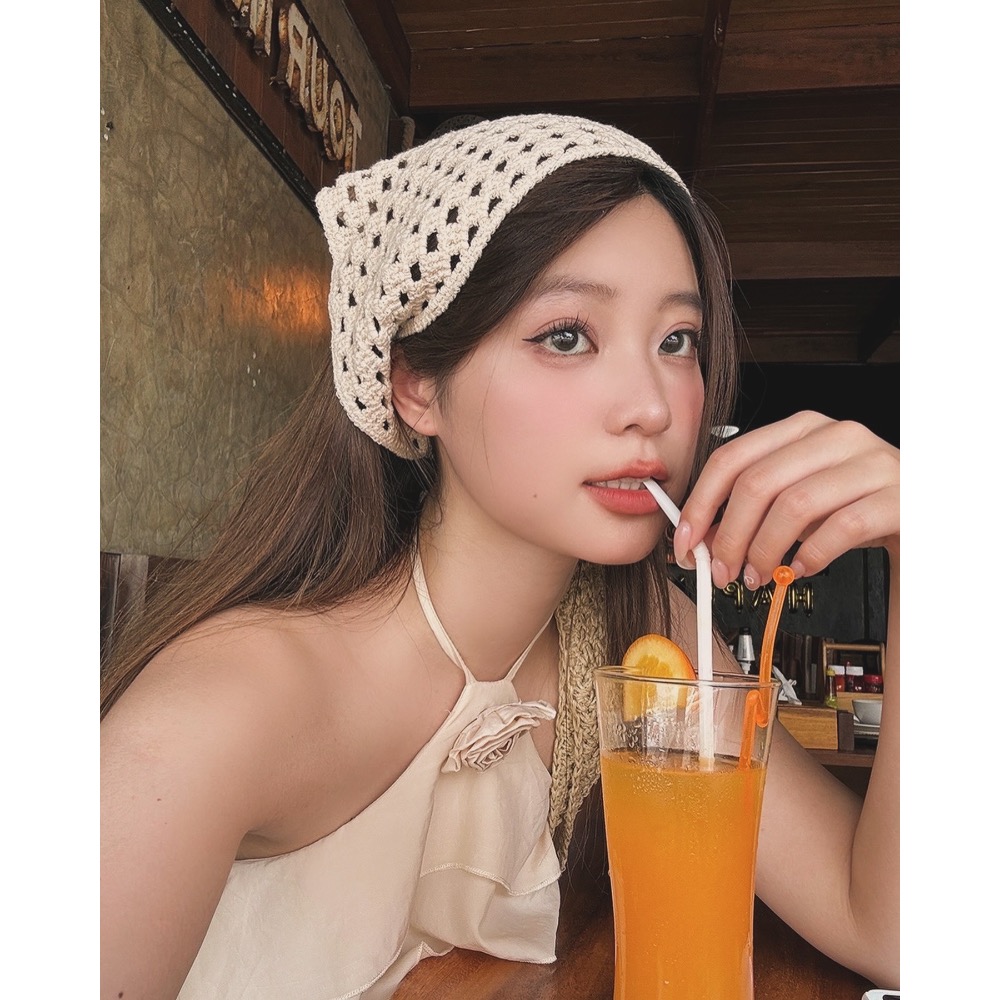 休閒度假🏖️ 手工針織鏤空頭巾三角巾 #海邊配飾 出遊拍照 頭飾-細節圖2
