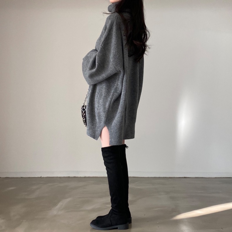 慵懶風高領休閒側開叉軟糯針織毛衣-細節圖4