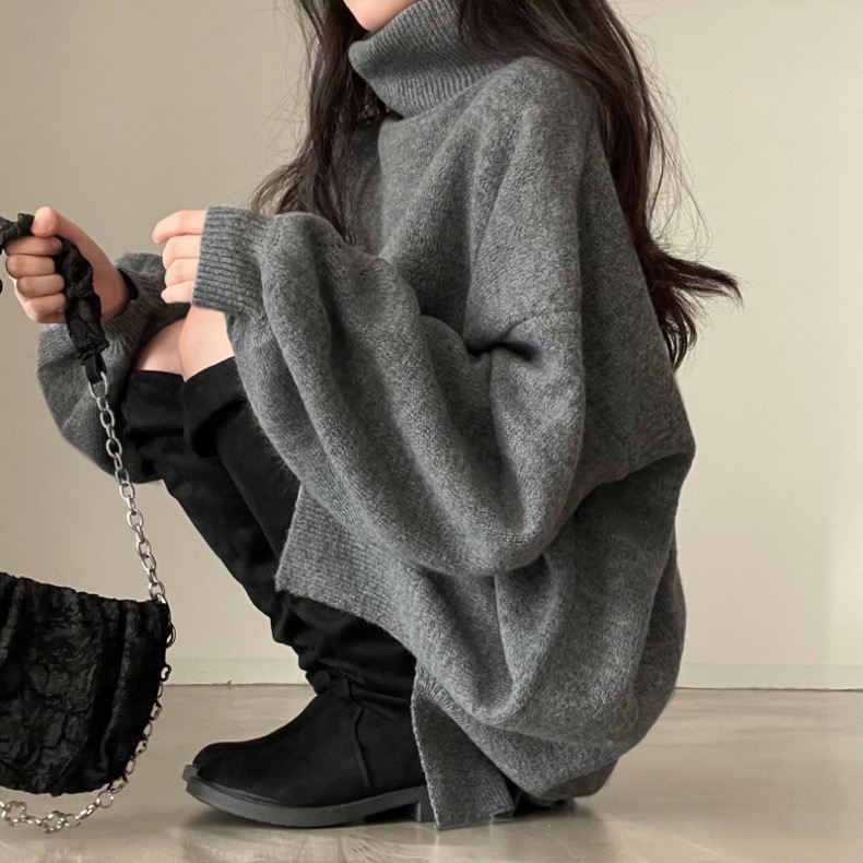 慵懶風高領休閒側開叉軟糯針織毛衣-細節圖5