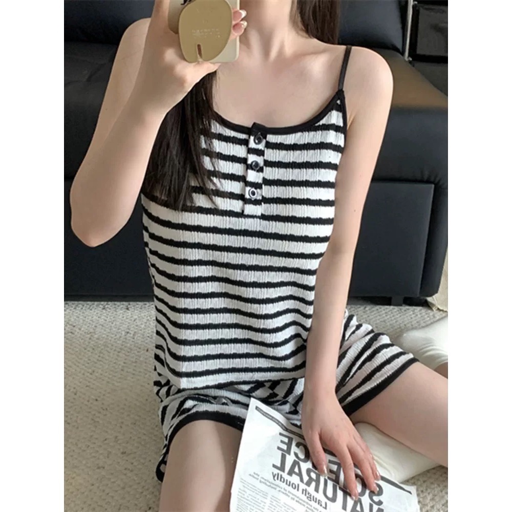 吊帶條紋睡衣純欲風家居服套裝 #自帶胸墊-細節圖3