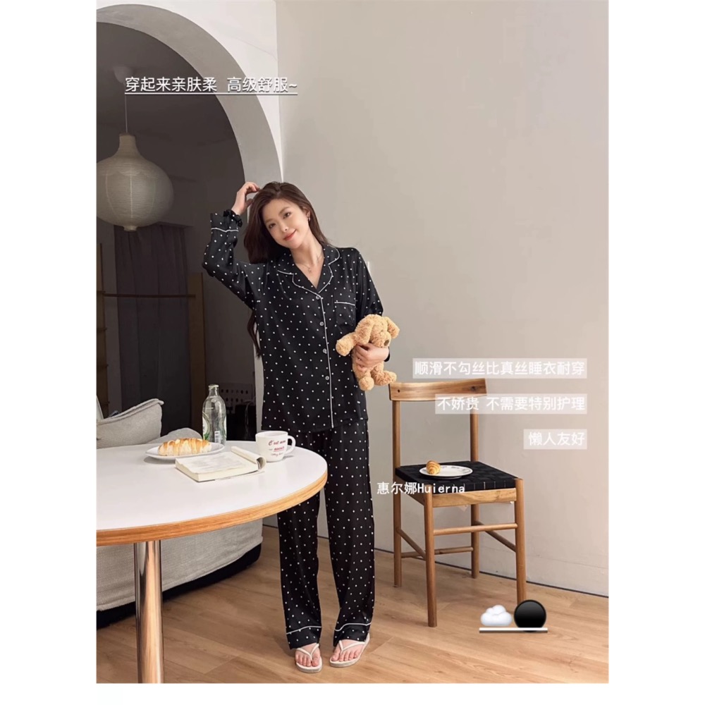 #GD同款 法式高級波點冰絲長袖睡衣長褲套裝-細節圖9
