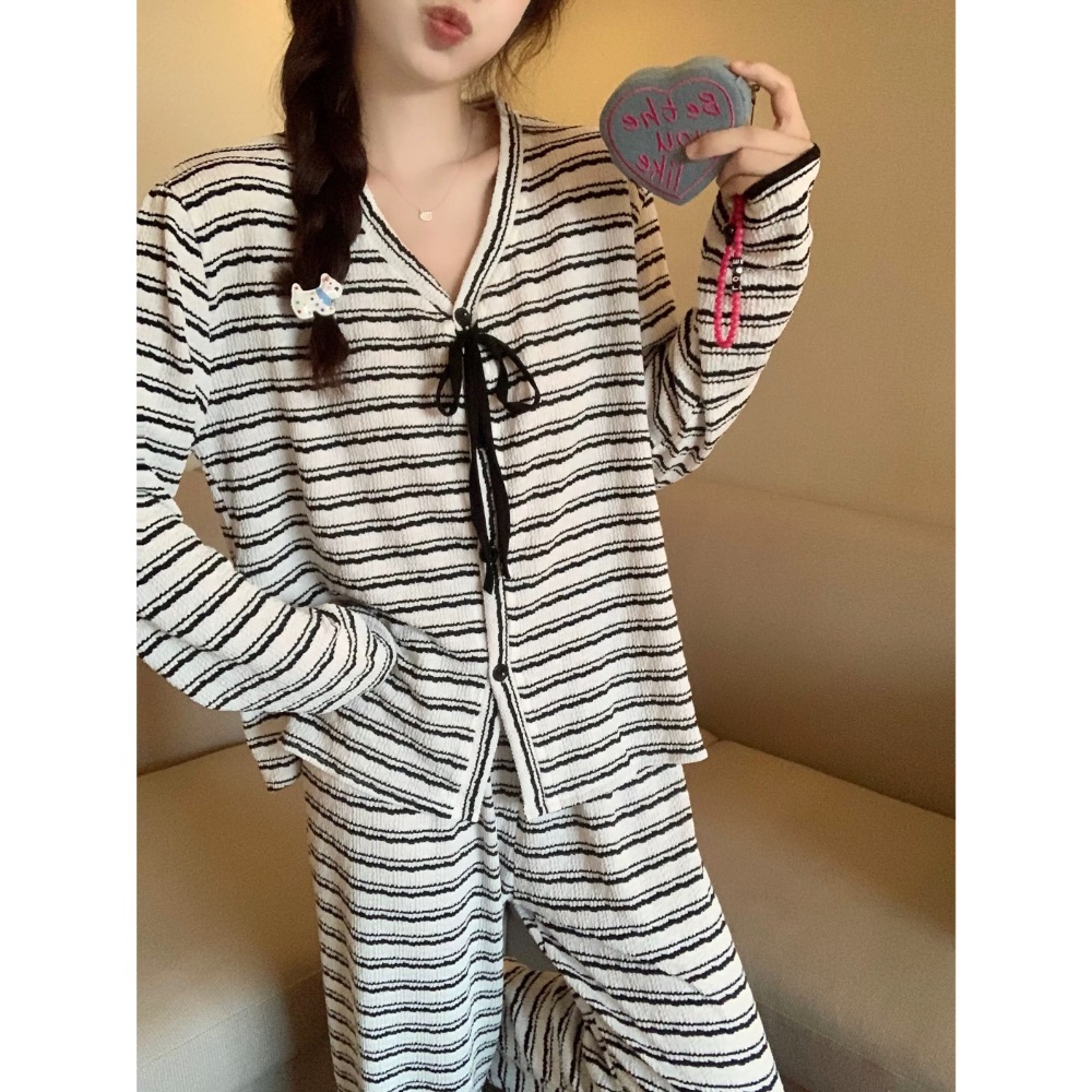 條紋睡衣長袖開衫棉綢家居服套裝-細節圖3