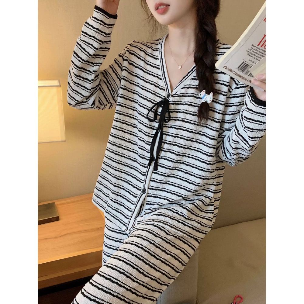 條紋睡衣長袖開衫棉綢家居服套裝-細節圖4