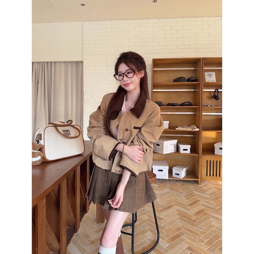 #趙露思同款 套裝 巴恩風 復古撞色翻領夾克外套 +百褶半身裙兩件套-細節圖5