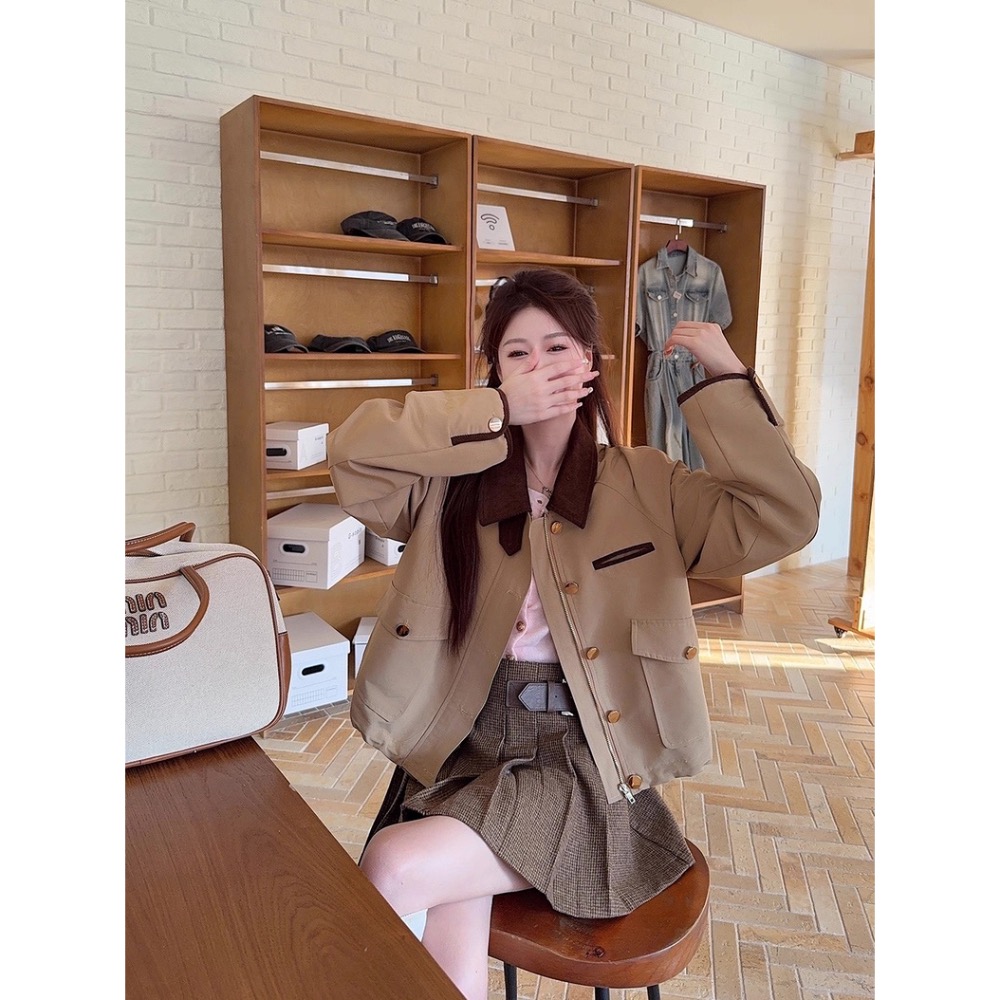 #趙露思同款 套裝 巴恩風 復古撞色翻領夾克外套 +百褶半身裙兩件套-細節圖6