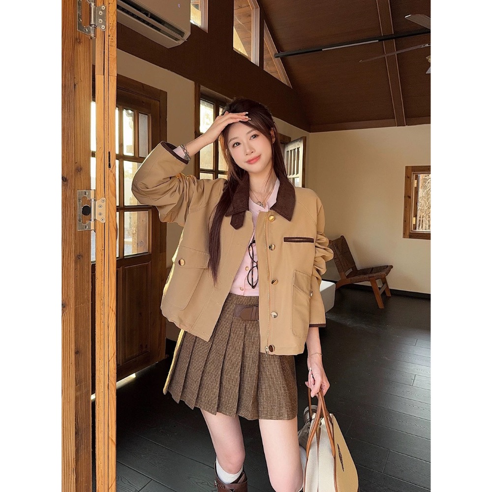 #趙露思同款 套裝 巴恩風 復古撞色翻領夾克外套 +百褶半身裙兩件套-細節圖7