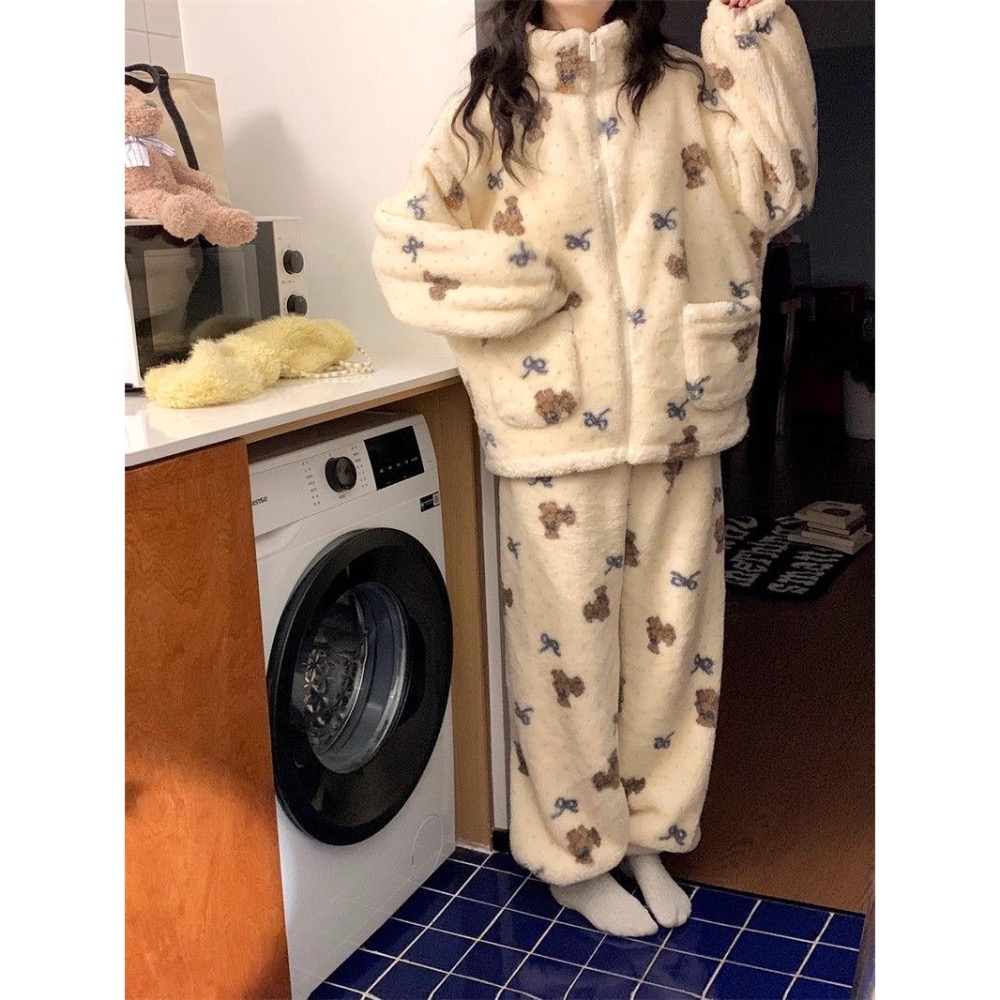 珊瑚絨立領蝴蝶結小熊睡衣+褲子-細節圖2