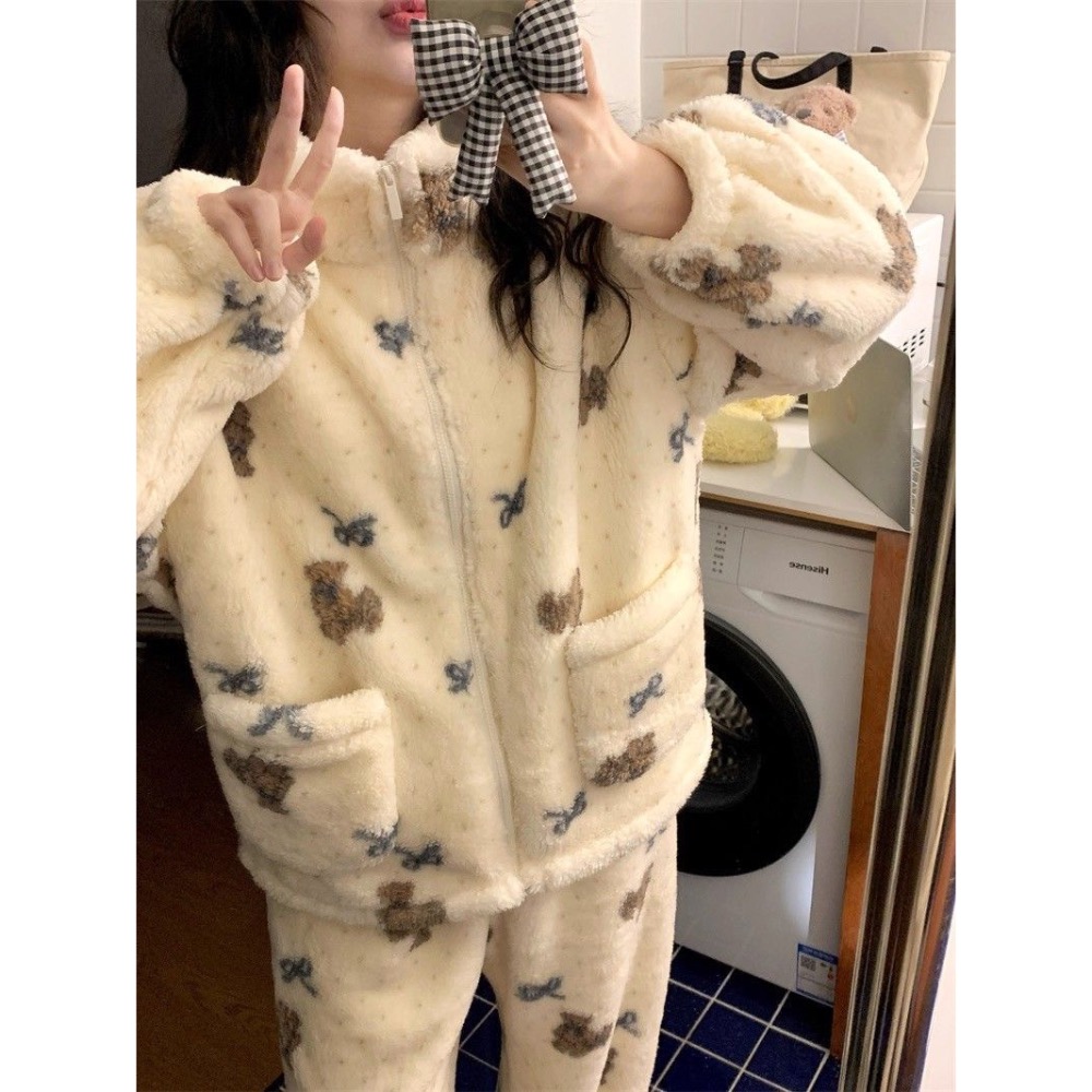 珊瑚絨立領蝴蝶結小熊睡衣+褲子-細節圖3