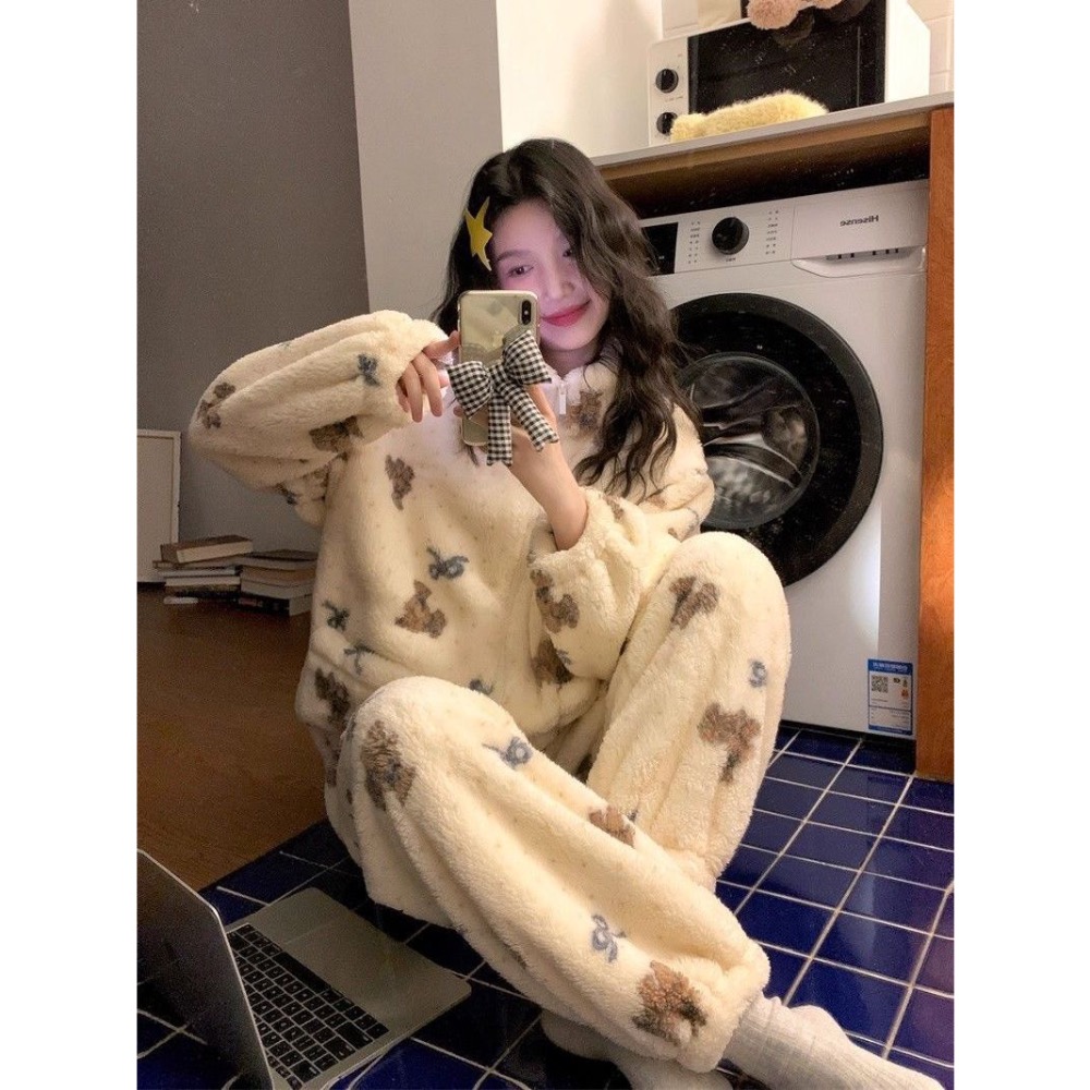 珊瑚絨立領蝴蝶結小熊睡衣+褲子-細節圖4