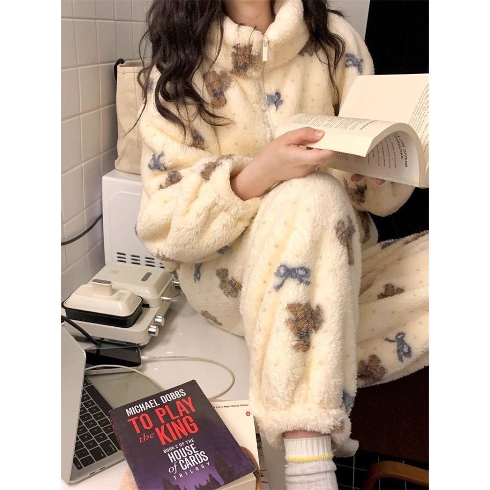 珊瑚絨立領蝴蝶結小熊睡衣+褲子-細節圖5