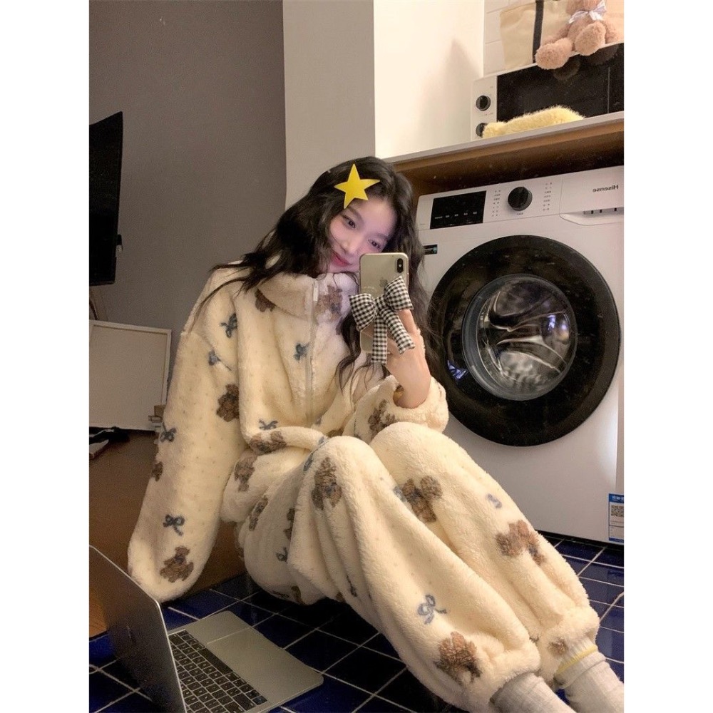 珊瑚絨立領蝴蝶結小熊睡衣+褲子-細節圖6