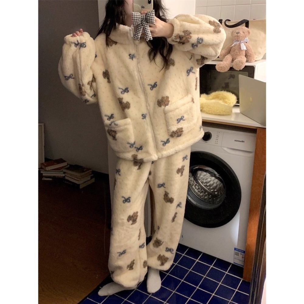 珊瑚絨立領蝴蝶結小熊睡衣+褲子-細節圖8