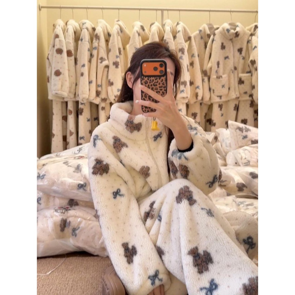 珊瑚絨立領蝴蝶結小熊睡衣+褲子-細節圖9