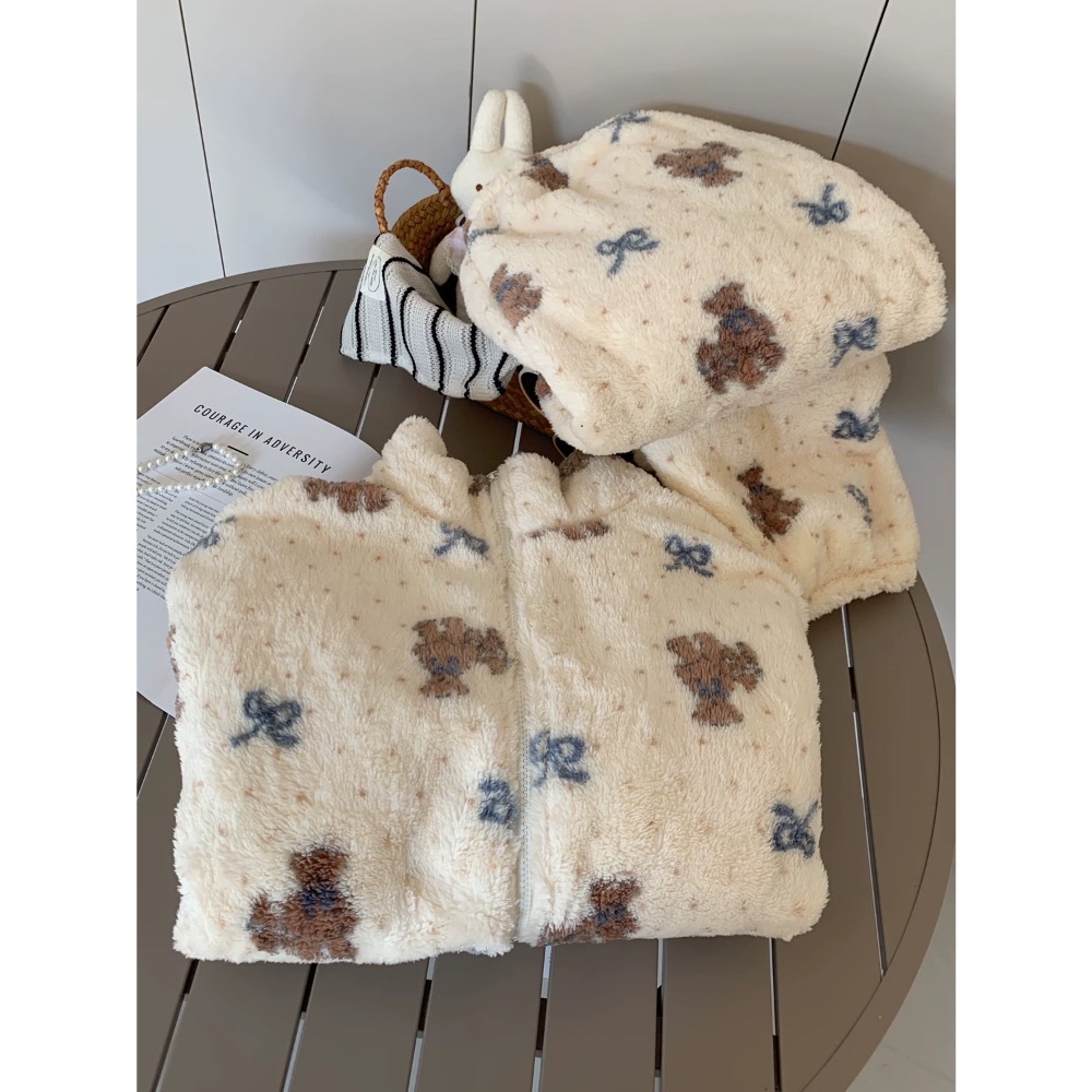 珊瑚絨立領蝴蝶結小熊睡衣+褲子-細節圖10