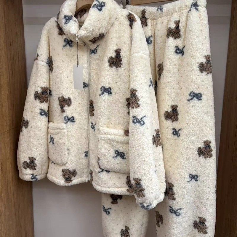 珊瑚絨立領蝴蝶結小熊睡衣+褲子-細節圖11