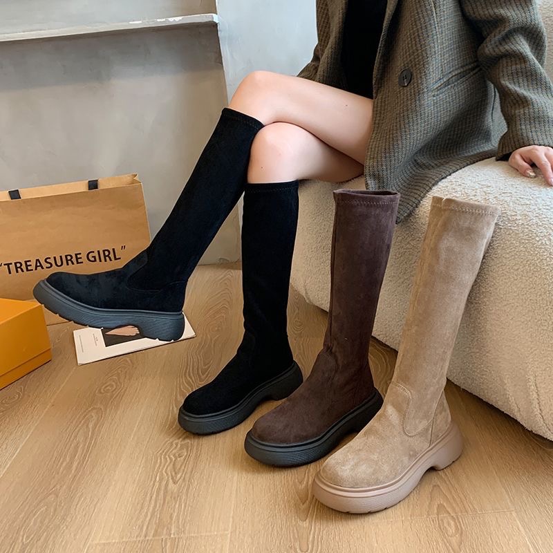 35-41碼 ♡ 絨面平口彈力顯瘦瘦長靴-細節圖2