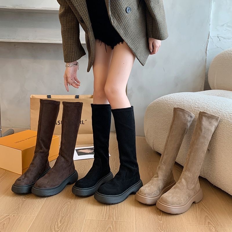 35-41碼 ♡ 絨面平口彈力顯瘦瘦長靴-細節圖3