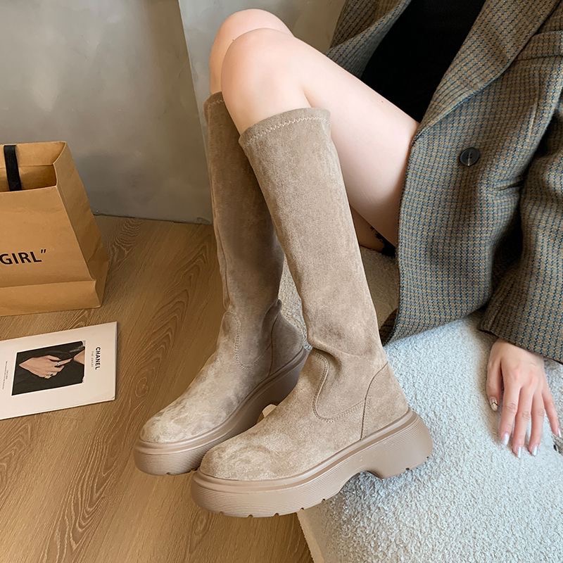 35-41碼 ♡ 絨面平口彈力顯瘦瘦長靴-細節圖4