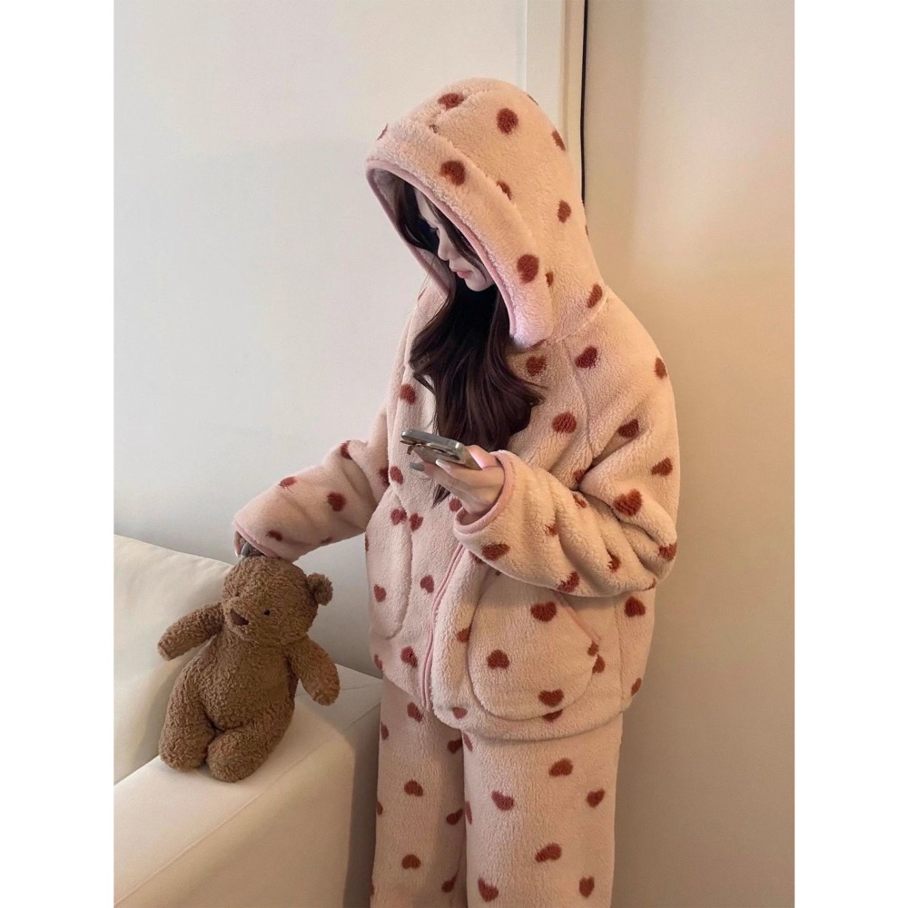 少女愛心珊瑚絨連帽睡家居服套裝-細節圖2