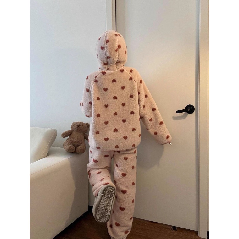 少女愛心珊瑚絨連帽睡家居服套裝-細節圖3