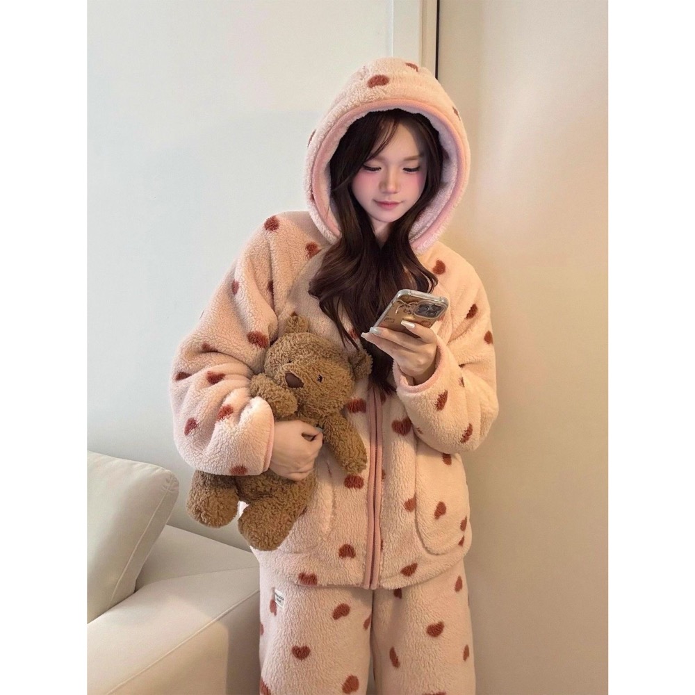 少女愛心珊瑚絨連帽睡家居服套裝-細節圖5