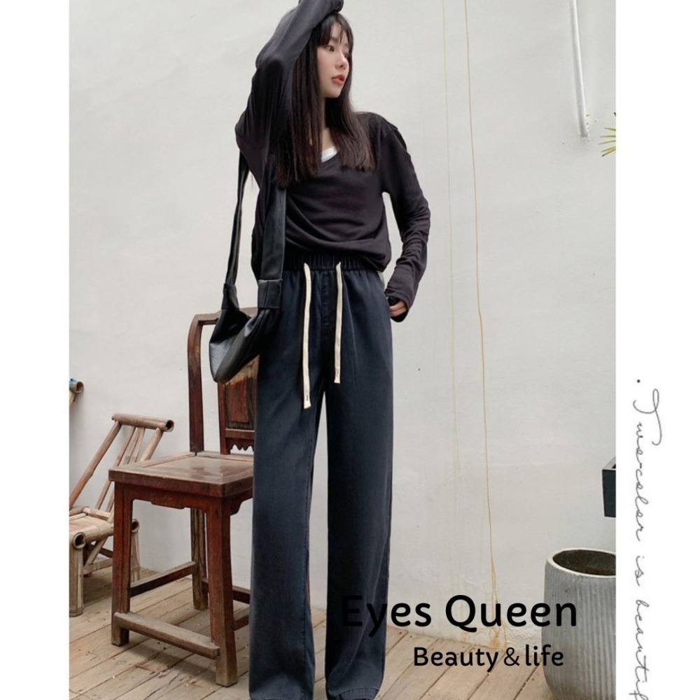 [Eyes Queen]現貨 天絲薄丹寧鬆緊寬褲 天絲牛仔闊腿褲 冰絲牛仔寬褲 牛仔寬褲 闊腿褲 高腰冰絲長褲 天絲褲-細節圖2