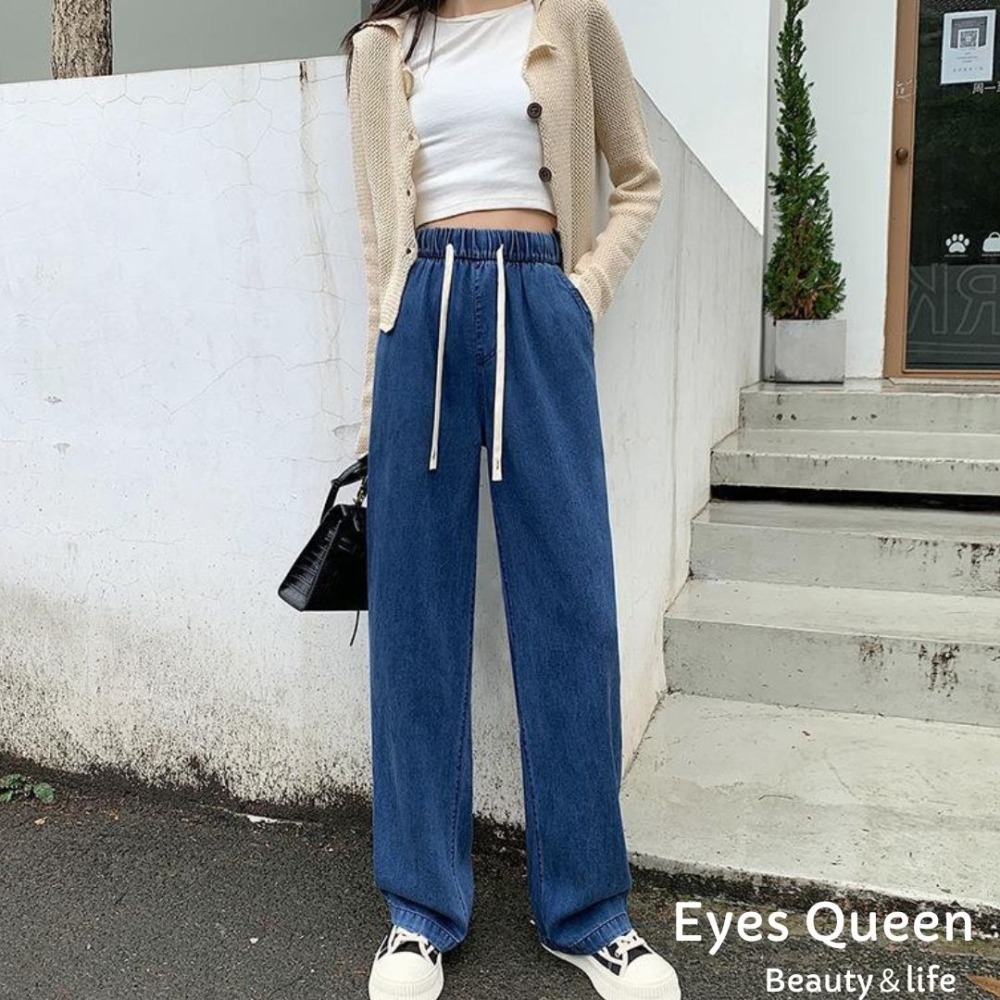 [Eyes Queen]現貨 天絲薄丹寧鬆緊寬褲 天絲牛仔闊腿褲 冰絲牛仔寬褲 牛仔寬褲 闊腿褲 高腰冰絲長褲 天絲褲-細節圖4