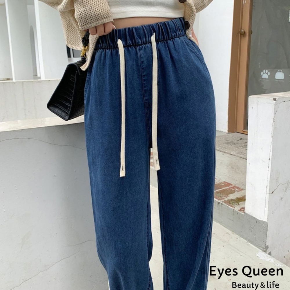 [Eyes Queen]現貨 天絲薄丹寧鬆緊寬褲 天絲牛仔闊腿褲 冰絲牛仔寬褲 牛仔寬褲 闊腿褲 高腰冰絲長褲 天絲褲-細節圖6